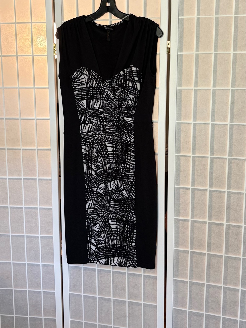 BCBGMaxAzria Black and White Printed Midi Sheath Dress